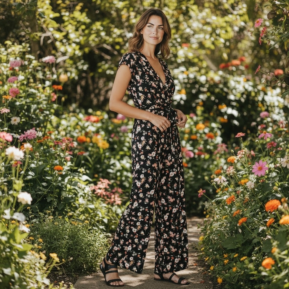 Kingston Grey Black Flower Garden Jumpsuit 
size Medium    NWT